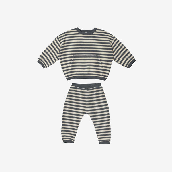 Organic  Waffle-Knit Sweater + Pant Set - Navy Stripe