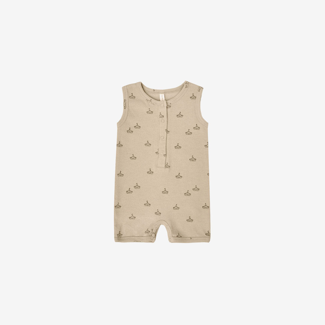 Organic Cotton Ribbed S/L Henley Romper - Latte Boats