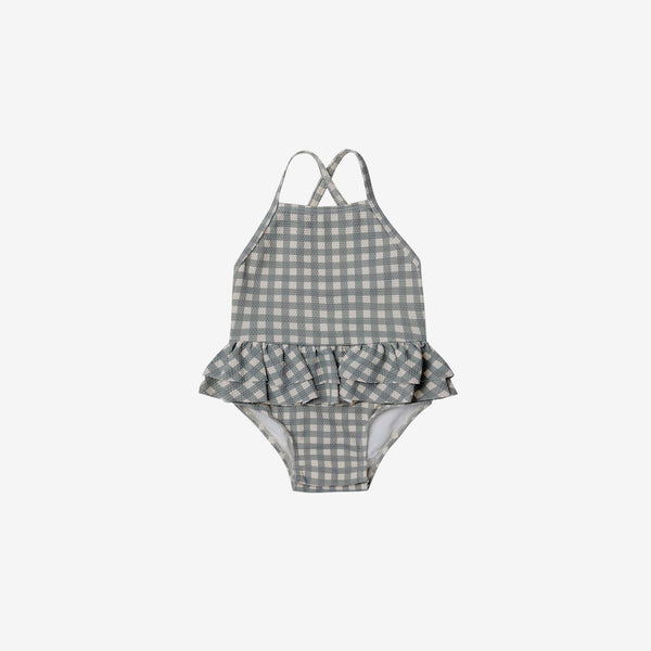 Recycled Nylon Pique Ruffled One-Piece Swimsuit - Sea Green Gingham